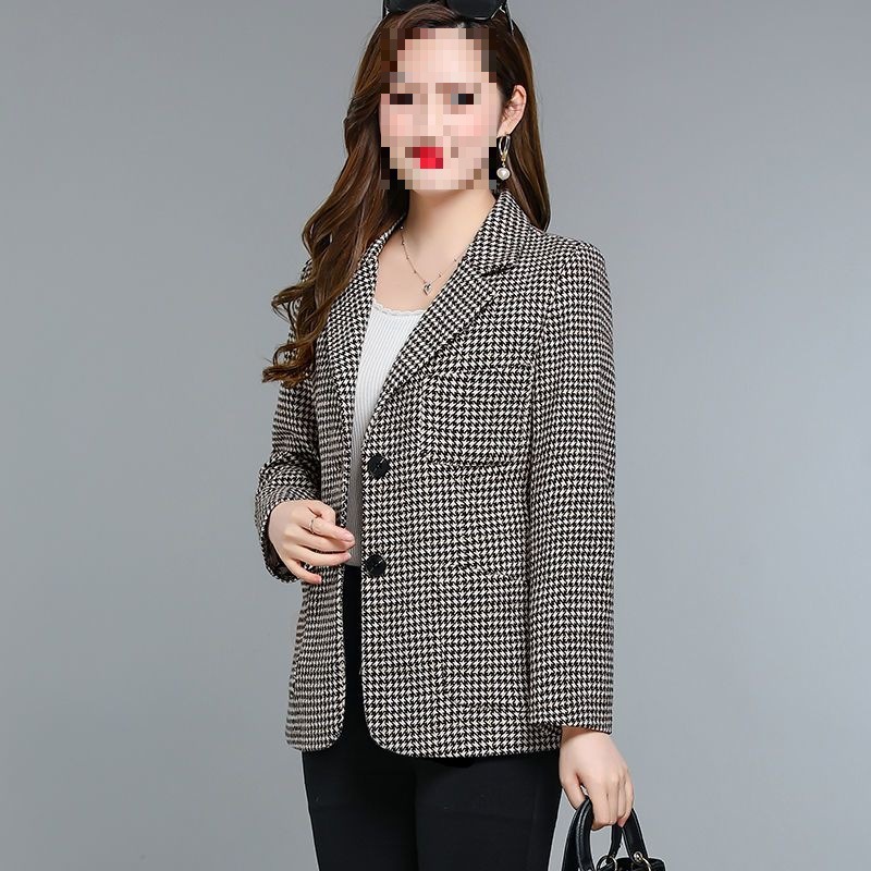 千鸟格西装外套春秋新款时尚洋气羊毛中年女装小个子西服上衣