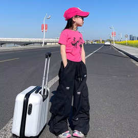 2026春夏季女童复古趣味蝴蝶结休闲长裤阔腿裤童装直筒宽松工装裤