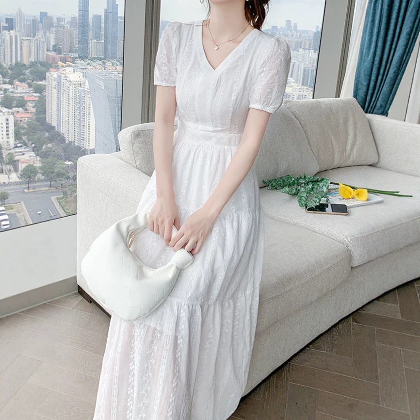 Váy maxi cổ chữ V thắt eo kiểu Pháp thanh lịch — trắng chi tiết 3