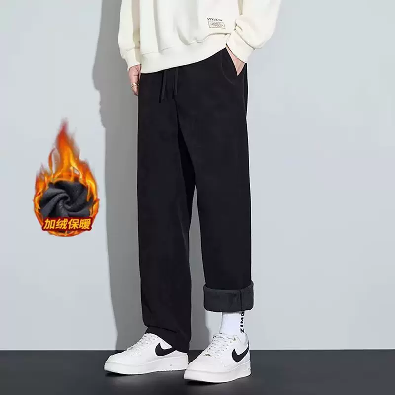 秋冬厚款男士休闲裤直筒长裤潮流时尚百搭系绳阔腿宽松垂感加绒裤