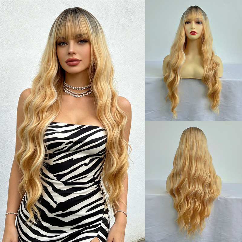 European and American Cross-Border Gradient Golden Long Curly Hair Synthetic Fiber Wig Headgear for Asian Hot Girls Halloween Party Wigs Wholesale European and American Cross-Border Gradient Golden Long Curly Hair Synthetic Fiber Wig Headgear for Asian Hot Girls Halloween Party Wigs Wholesale