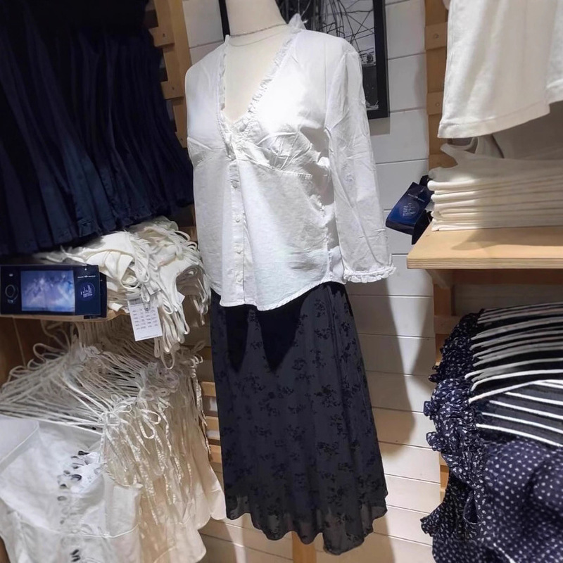 Bm Style Summer Lightweight Lace V-Neck White Women's Mid-Length Sleeve Shirt, New Versatile Slim-Fit Top