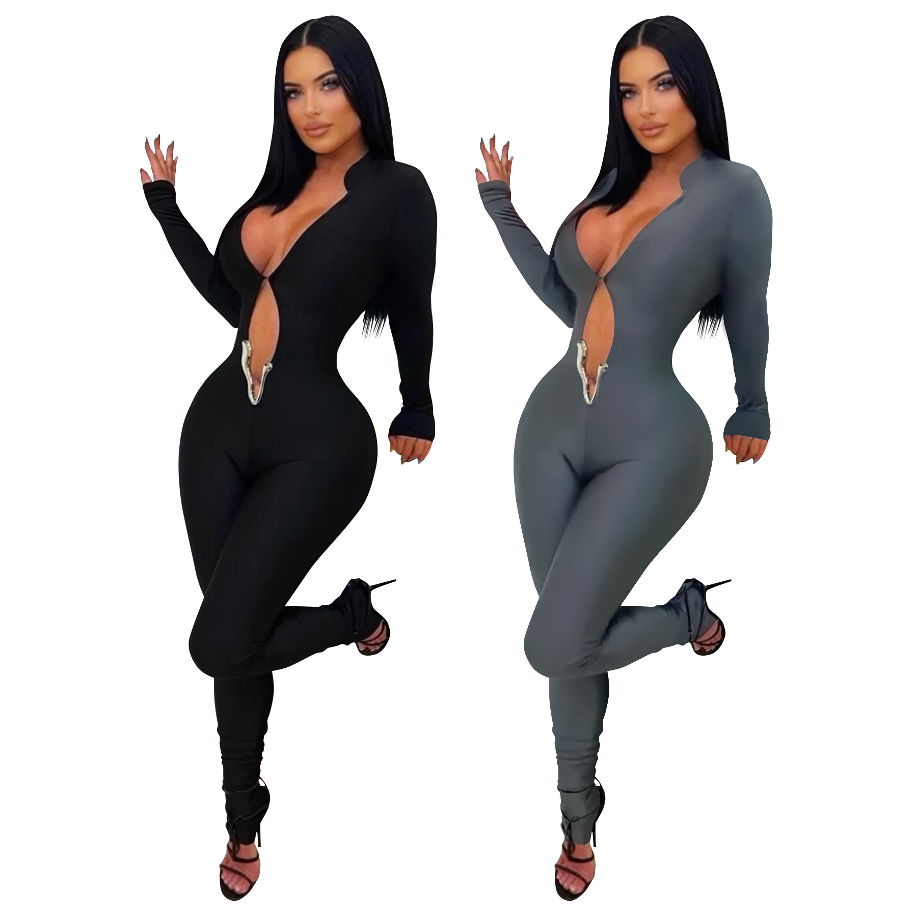 Sexy Deep V Long Sleeve Jumpsuit Solid Color Tight Fit_voghion.com