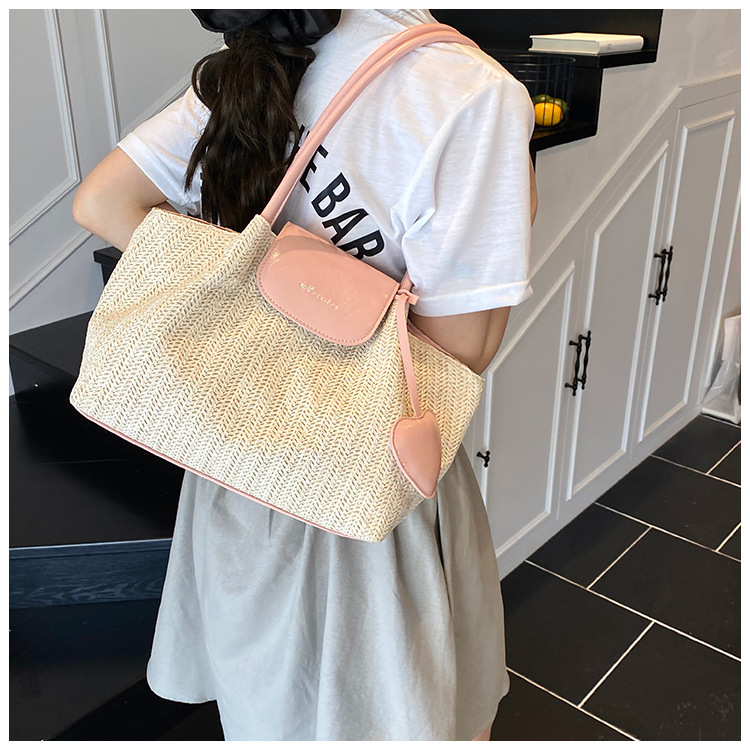 French niche straw woven large-capacity tote bag for women 2025 summer casual vacation beach woven single-shoulder bag trend undefined