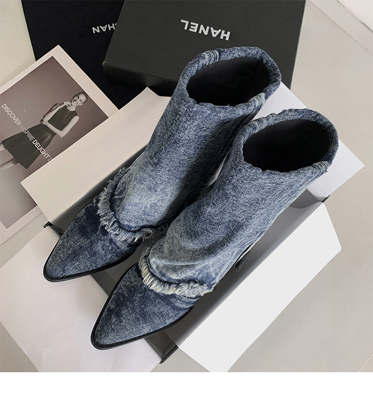 Boot nữ cổ thấp đế thô denim phong cách cao bồi Âu Mỹ — Màu xanh lam chi tiết 10