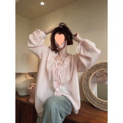设计感木耳边系带长袖衬衫女装2025新款夏季小众薄款宽松V领上衣