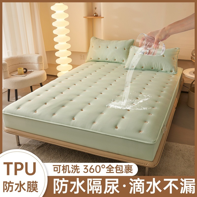 跨境夹棉防水床笠纯色刺绣床垫防尘保护套席梦思外贸床罩全包批发|undefined