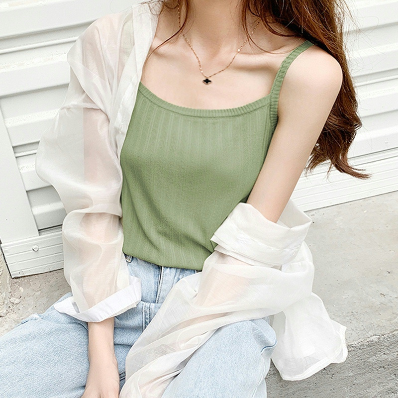 Design Sense Ice Silk Thread Knitted Camisole Women's Summer New Arrival Inner Wearing Outer Wearing Niche Top White Base Shirt