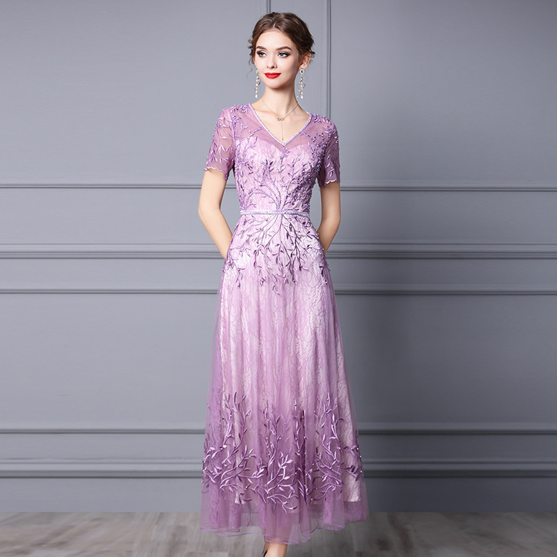 Zhili Long Dress 2026 Summer New Style Mesh Embroidered Rhinestone Feminine Party Dress Elegant Dress