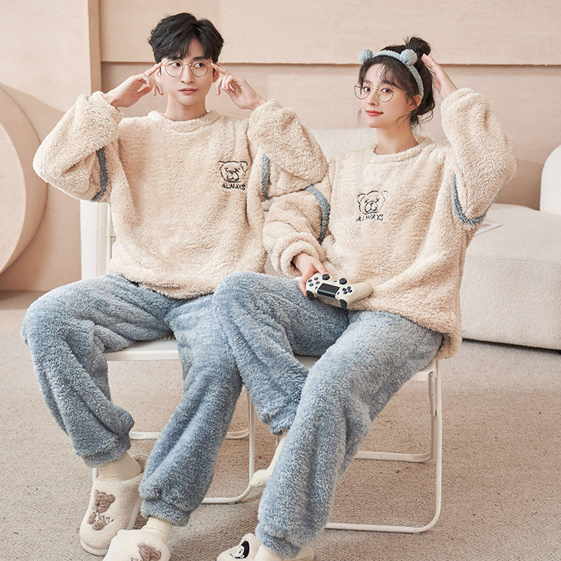 新款珊瑚绒情侣睡衣男女秋冬季卡通加绒加厚保暖法兰绒家居服套装