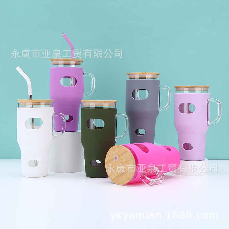 32oz vasos de vidrio transfronterizos con mango de gran capacidad portátil al aire libre cubierta de bambú cubierta de hielo con cubierta de automóvil al por mayor