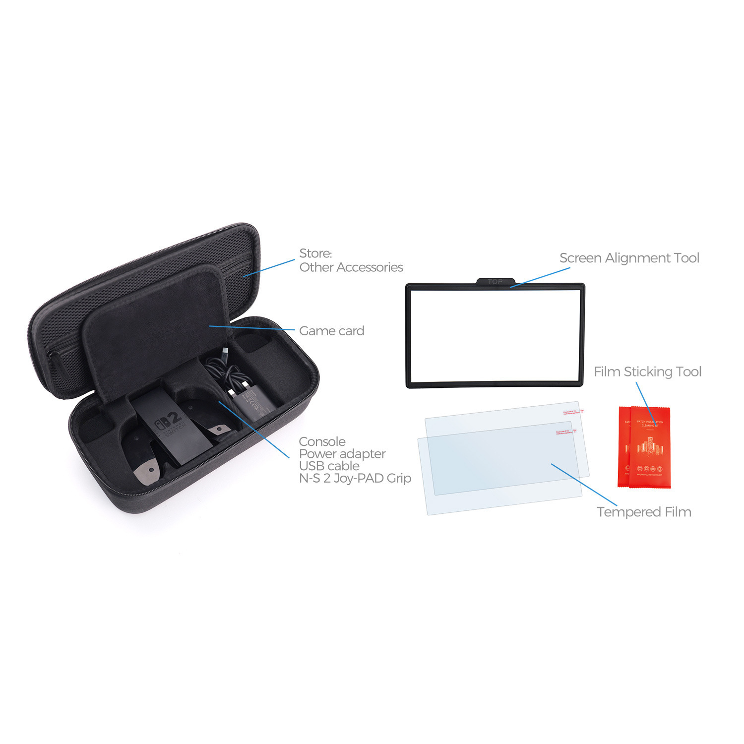 Switch 2nd Gen Ana Konsol Saklama Çantası NS2 Ekran Temperli Cam Film Uygulama Aracı İle 4 In 1 Set TNS-51109