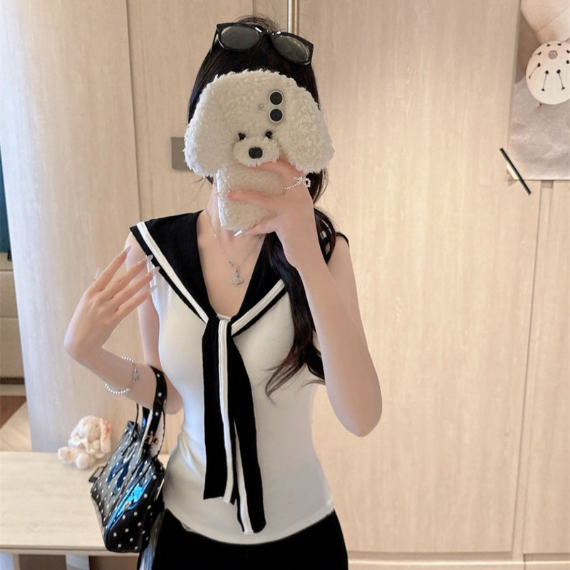 10181 # Summer New Style College-Style Tie with Contrasting Color Design, Slim-Fitting All-In-One Top with Chest Pads 10181 # Summer New Style College-Style Tie with Contrasting Color Design, Slim-Fitting All-In-One Top with Chest Pads