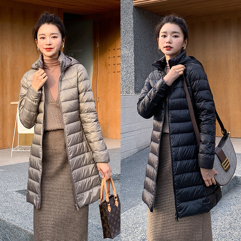 Cross-Border 2026 Autumn and Winter Lightweight down Jacket for Women, Mid-Length Slim Fit down Coat, Plus Size with Detachable Hood