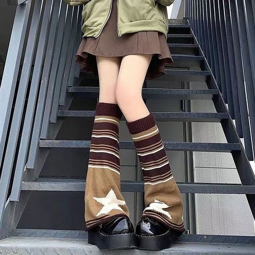 Autumn and Winter British Retro Style Socks with Brown Stripes, Stars, Bellows Leggings, Double-Sided Wearable, Hot Girl's Pile Socks