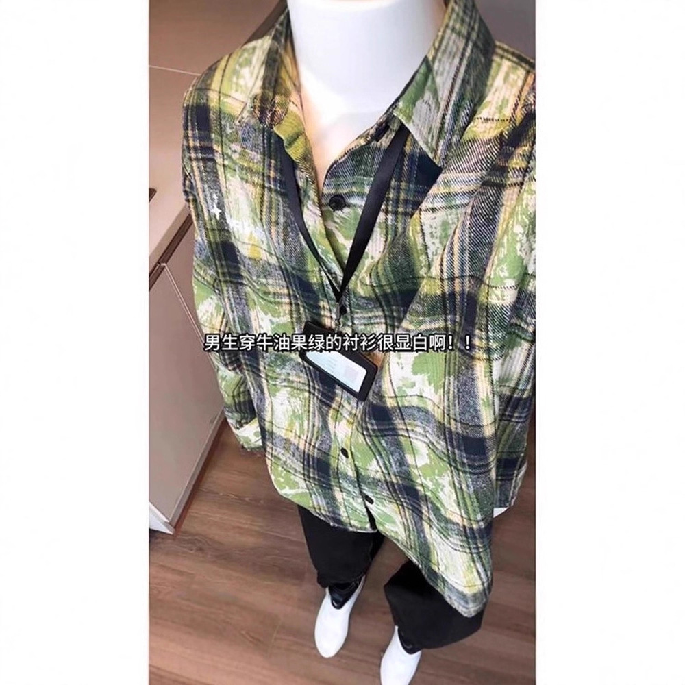 情侣潮流扎染复古格子衬衫ifashion长袖衬衣夏季高级感休闲外套