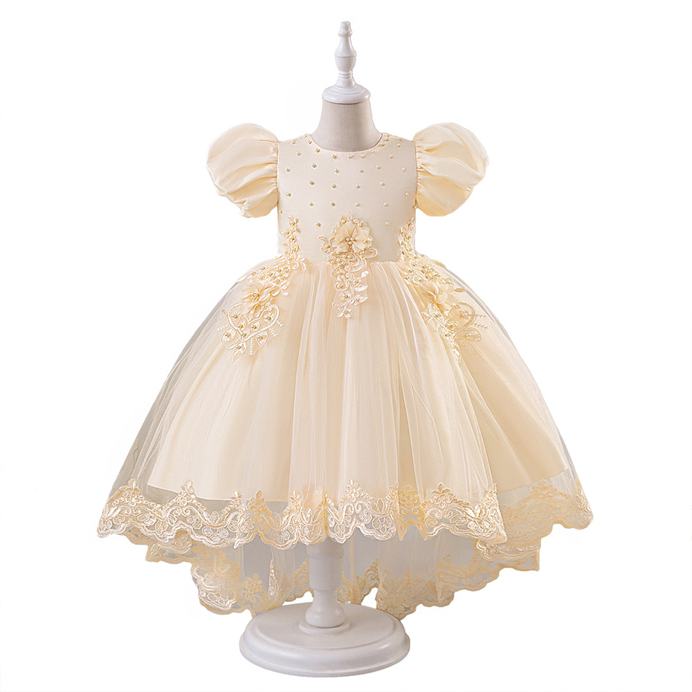 Vestido de niños transfronterizo nueva niña burbuja manga malla princesa flor floral vestido de cola espectáculo vestido de noche