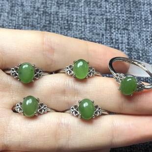 Hotan Jade Ring New Chinoiserie Retro Style Live Jade Ring 925 Sterling Silver Inlaid Russian Jasper Ring
