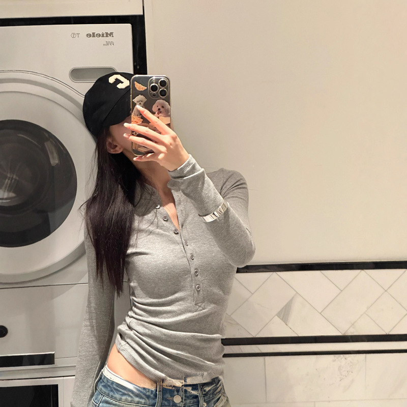 American Style Trendy Henry Shirt Slim Fit Knit Top Base Shirt Women's Hot Girl Autumn Long Sleeve Ribbed Button-Up T-Shirt