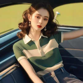 法式轻熟风独特别致polo领上衣女设计感绿色多巴胺夏季短袖t恤女