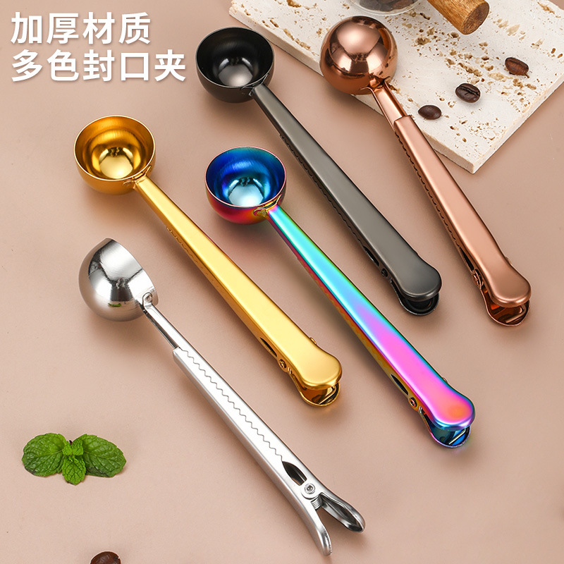 430 clip de cuchara de café de acero inoxidable dos en uno cuchara de leche en polvo para el hogar cuchara de medición herramienta para hornear clip de sellado