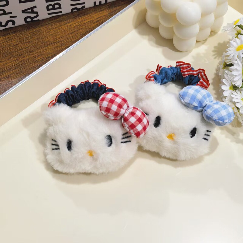 可爱蓝色格子猫咪牛仔发圈日系甜美高颜值少女风马尾发绳发饰批发|undefined