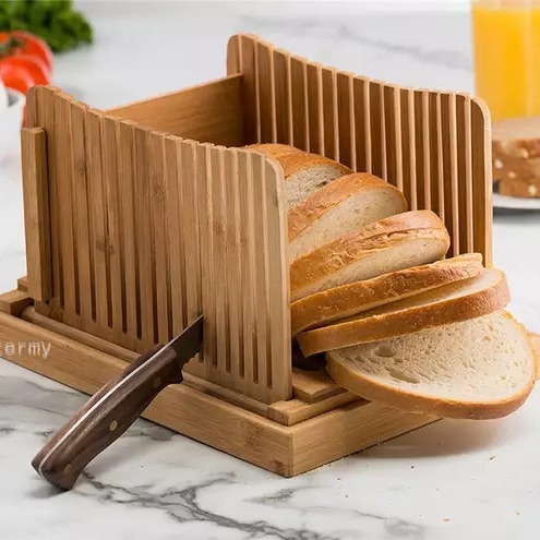 木质烘焙店面包切片器竹木盒子多功能家用蛋糕店可折叠土司刀切板