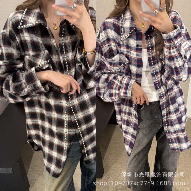 25 Autumn and Winter New Style Cotton Plaid Bubble Pearl Loose Mid-Length Shirt for Women