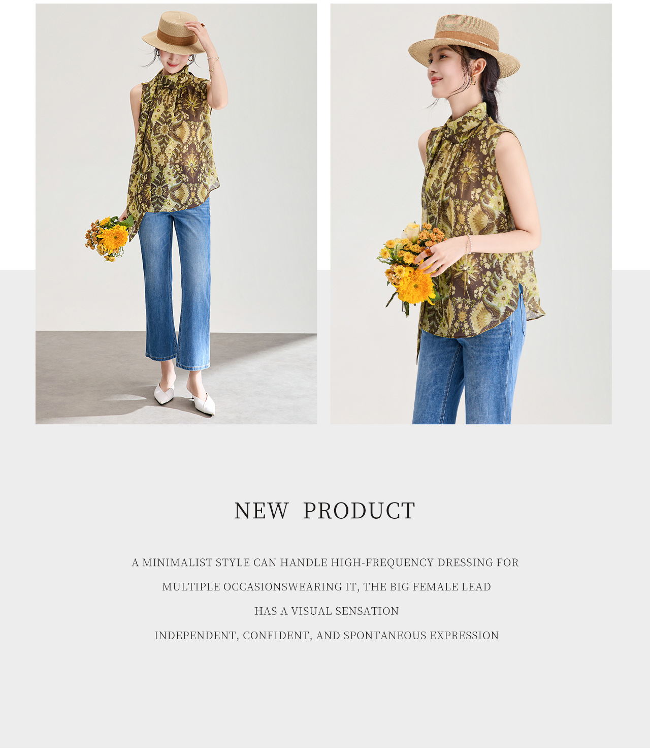 Áo hai dây nữ chất liệu chiffon in hoa, phối dây lụa, phong cách thanh lịch mùa hè — màu xám chi tiết 4