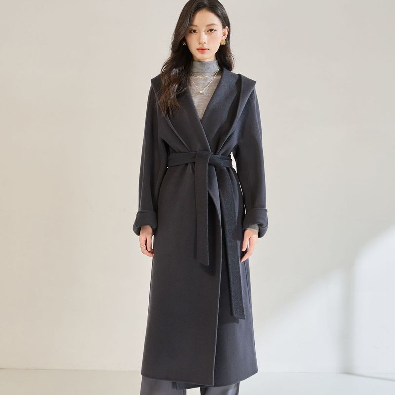 25秋冬新款休闲时尚宽松翻领浴袍长款连帽双面呢大衣外套女22672|undefined