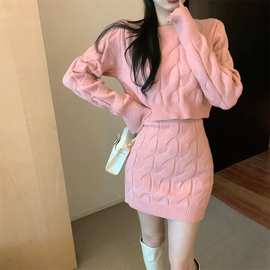 慵懒风加厚麻花针织毛衣套装裙女修身长袖高腰包臀短裙两件套