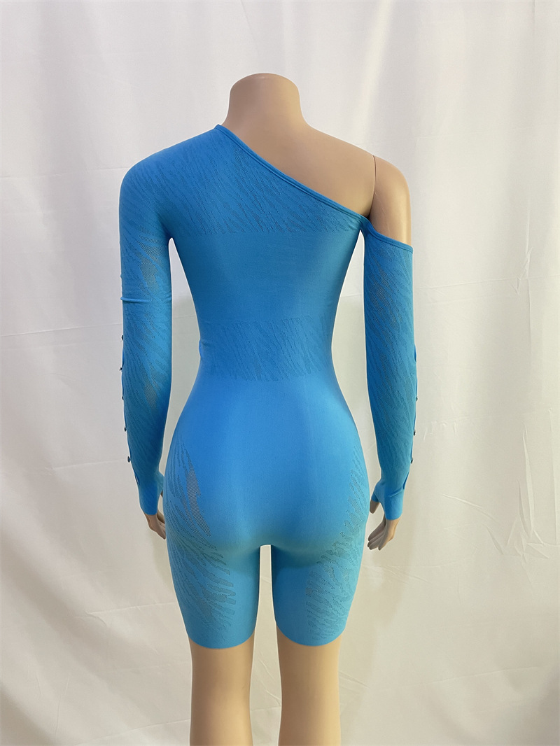 Solid Color Diagonal Shoulder Long Sleeve Diamond Hollow Out Cutout Sexy Slim Fit Romper