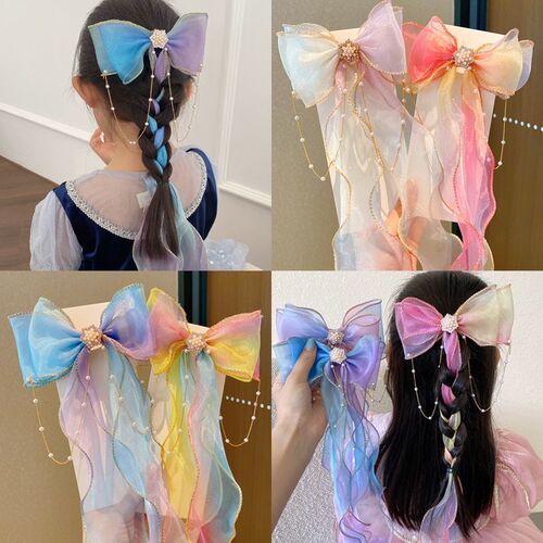 Mesh bow tiara clip little girl children's hair accessories hair clip braided streamer tassel hair clip wholesale gradient