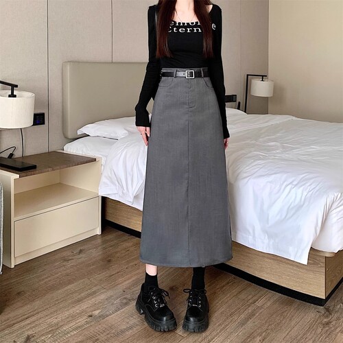 Large size preppy style gray suit covering hips to show slimming skirt women's fat m high waist all-matching a-line medium and long straight skirt