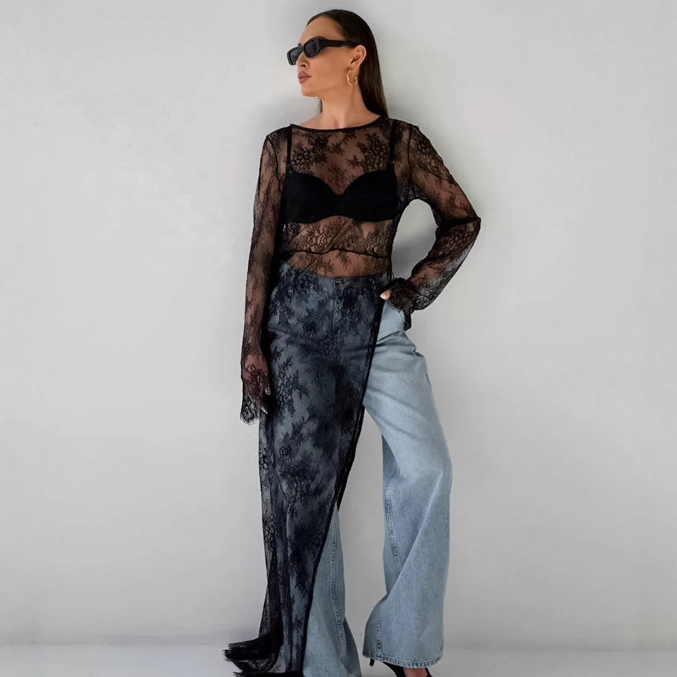 European and American Women's Sexy Black Jacquard Lace Knitted See-Through Slit Asymmetrical Dress Spring and Summer Versatile Long Skirt