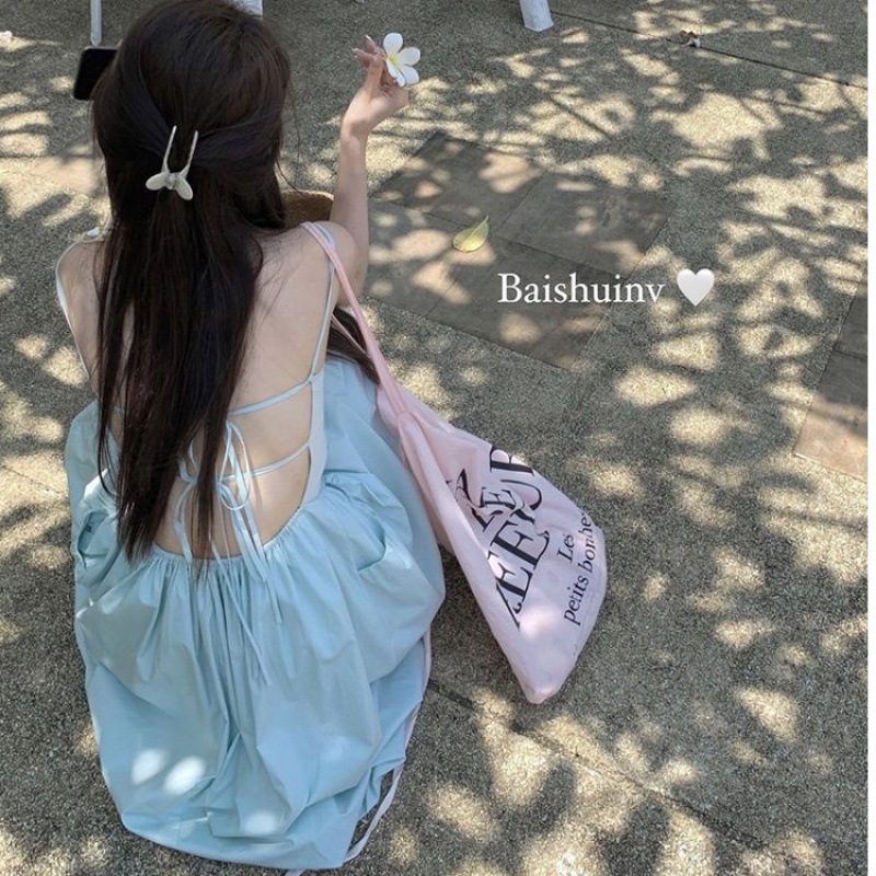 Backless Sling dress Women's A- line Tight Waist Fairy Dress Backless Pure A- line Dress Seaside Holiday Spice Girl Long Dress