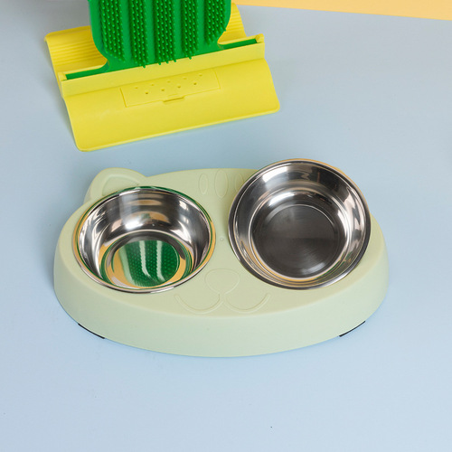Cross-border big-eyed cute cat stainless steel cat double bowl thickened plastic cat supplies cat food bowl cat food bowl wholesale