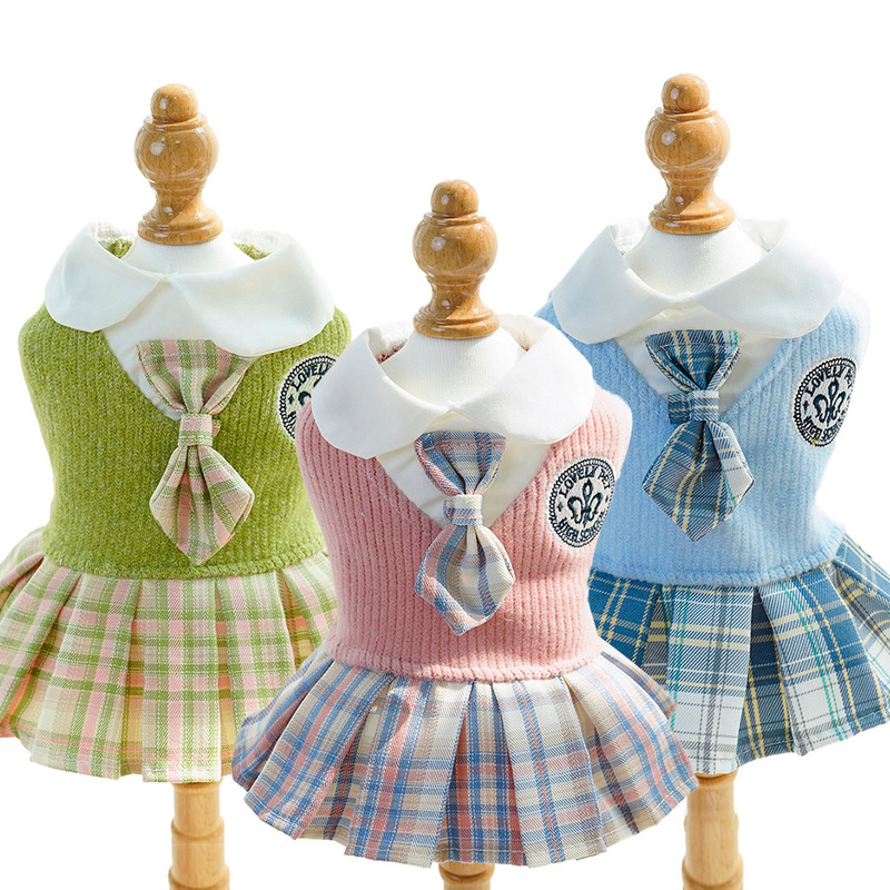 Pet Autumn and Winter Dog Woolen Jk Plaid Cat Dress Small and Medium-Sized Dogs Teddy Dog Cat Clothing Supplies Wholesale