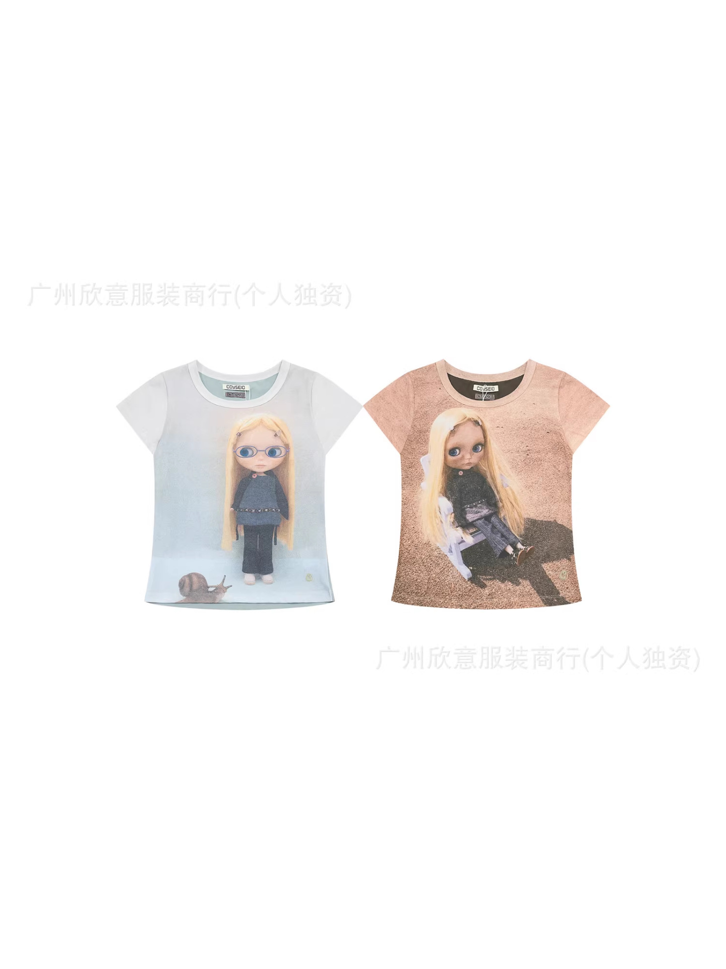 Korean Niche Design Coy** Big-Eyed Doll Print Craft, Large Neckline, Can Be Worn Off-Shoulder, Loose Fit, Ins-Style Casual Short-Sleeve