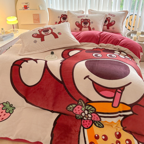 Cartoon Strawberry Bear Milk Velvet Four-piece Winter Thickened Coral Velvet Bedding Flannel Quilt Cover Sheets
