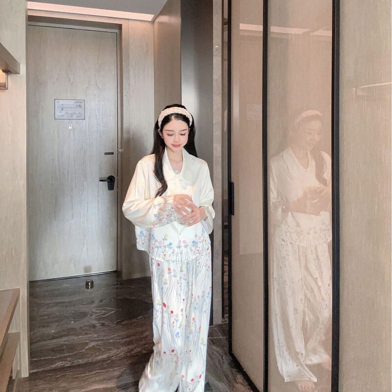 Ml027【Morifeldaiyuan】New Spring Season Women's Pajamas Ice Silk Long Sleeve Doll Collar Silk Watercolor Floral Homewear