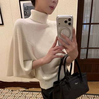 秋季新款时髦宽松显瘦斗篷蝙蝠袖高领针织衫毛衣女