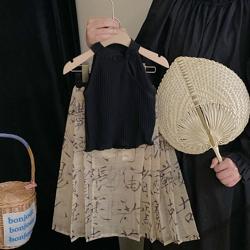 女童无袖中国风套装2023夏季儿童新中式千字文马面裙旗袍背心套装