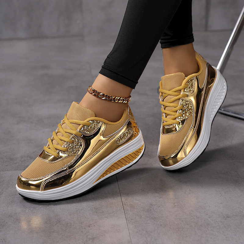 Cross-Border Rocking Shoes Trendy Gold Mirror Glossy Shoes Casual Shoes Outdoor Large Size Women's Shoes Sequined Thick Sole New Style