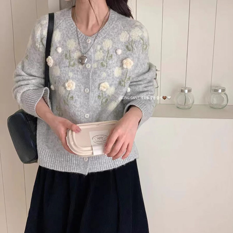 韩系立体花朵温柔软糯针织开衫女秋冬新款宽松显瘦气质毛衣外套|undefined