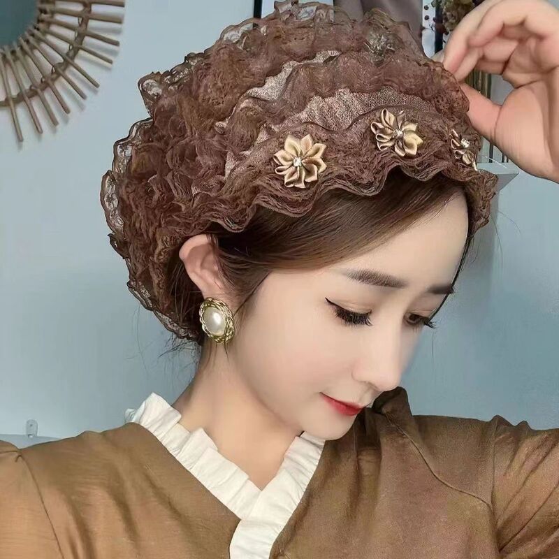 Lace All-Season Lace Cover Fashion Small Hat Dome Hat Women's Beauty Hat Windproof Cover Home Small Hat White Hair Bun