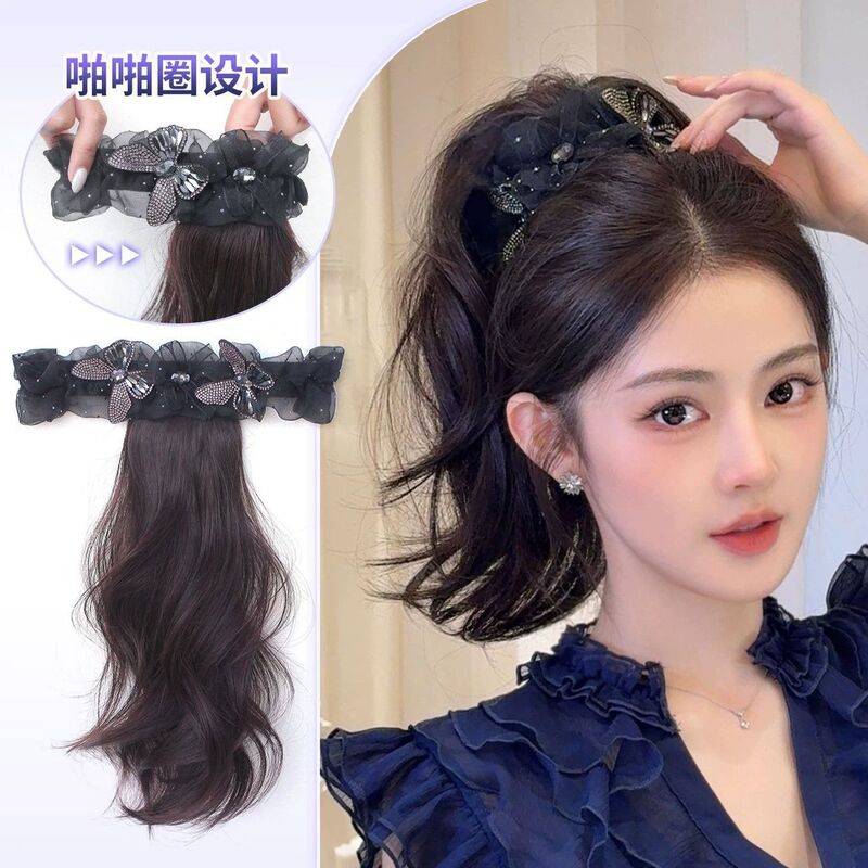 Bow-tied high ponytail wig for women, popular online, self-wrapping, high-layered long curly hair, voluminous, hair-enhancing wig braid