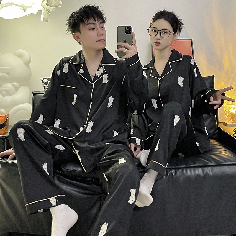 Pareja pijamas de mujer primavera y otoño seda de hielo manga larga hombres delgados Jacquard más tamaño traje de desgaste de seda real