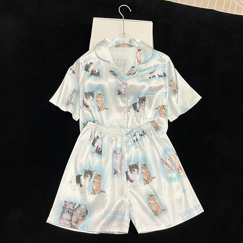 Silk Summer Pajama Set, Thin Cardigan & Shorts, Lightweight Sleepwear, Multiple Colors