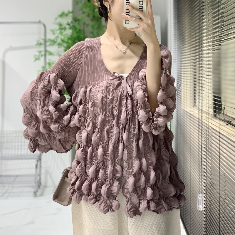 Miyake High-grade Solid Color Bubble Pleated Women's Top Fashionable Commuter Lace-up Slim Spring and Autumn Sunscreen Jacket